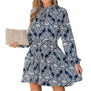 NWOT CUPSHE Ornate Print Long Sleeve V-Neck Smocked Waist Mini Dress Size Small